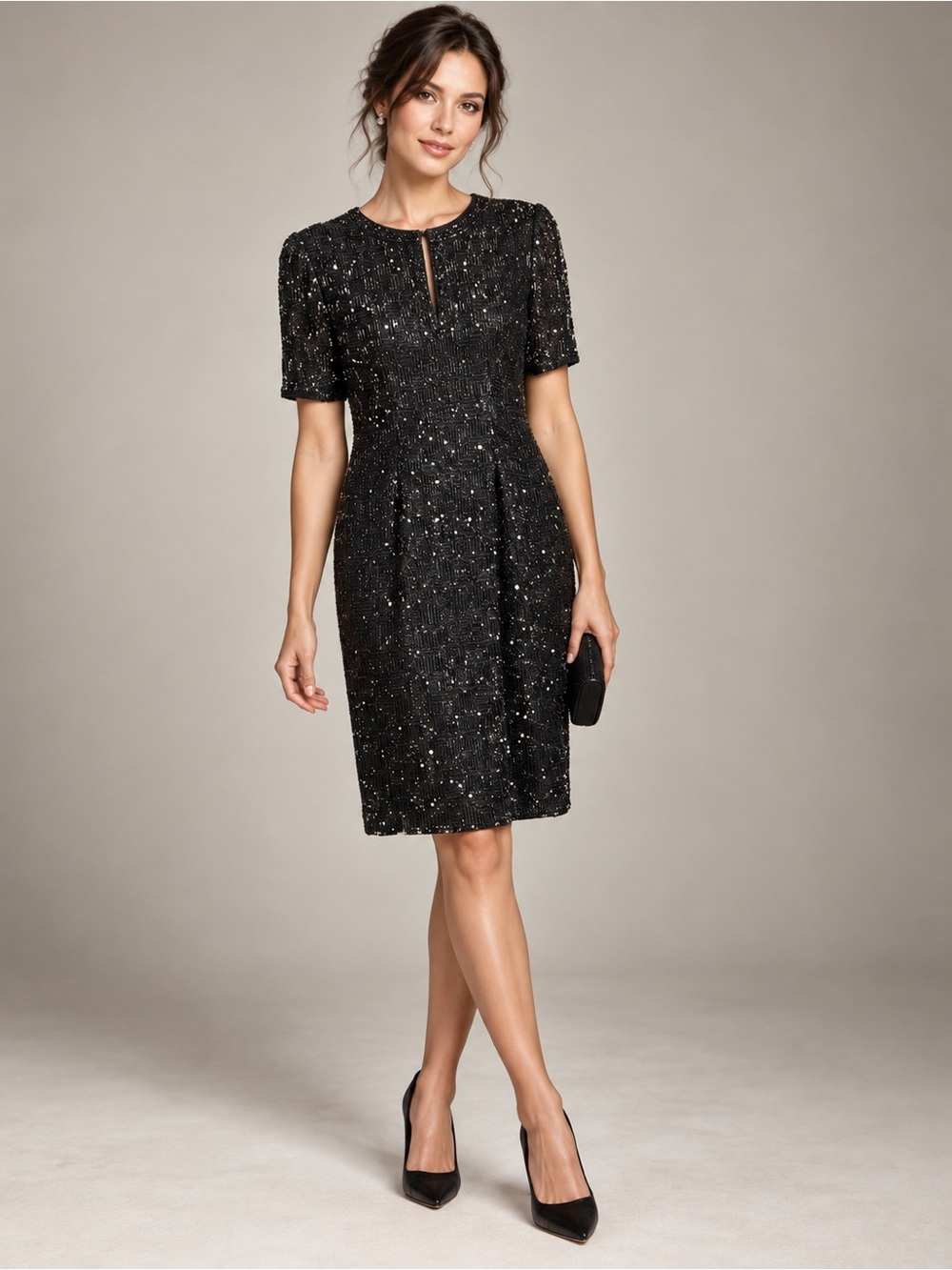 VTG Laurence Kazar Silk Beaded Dress PS Black Sequin Evening Cocktail Keyhole EU